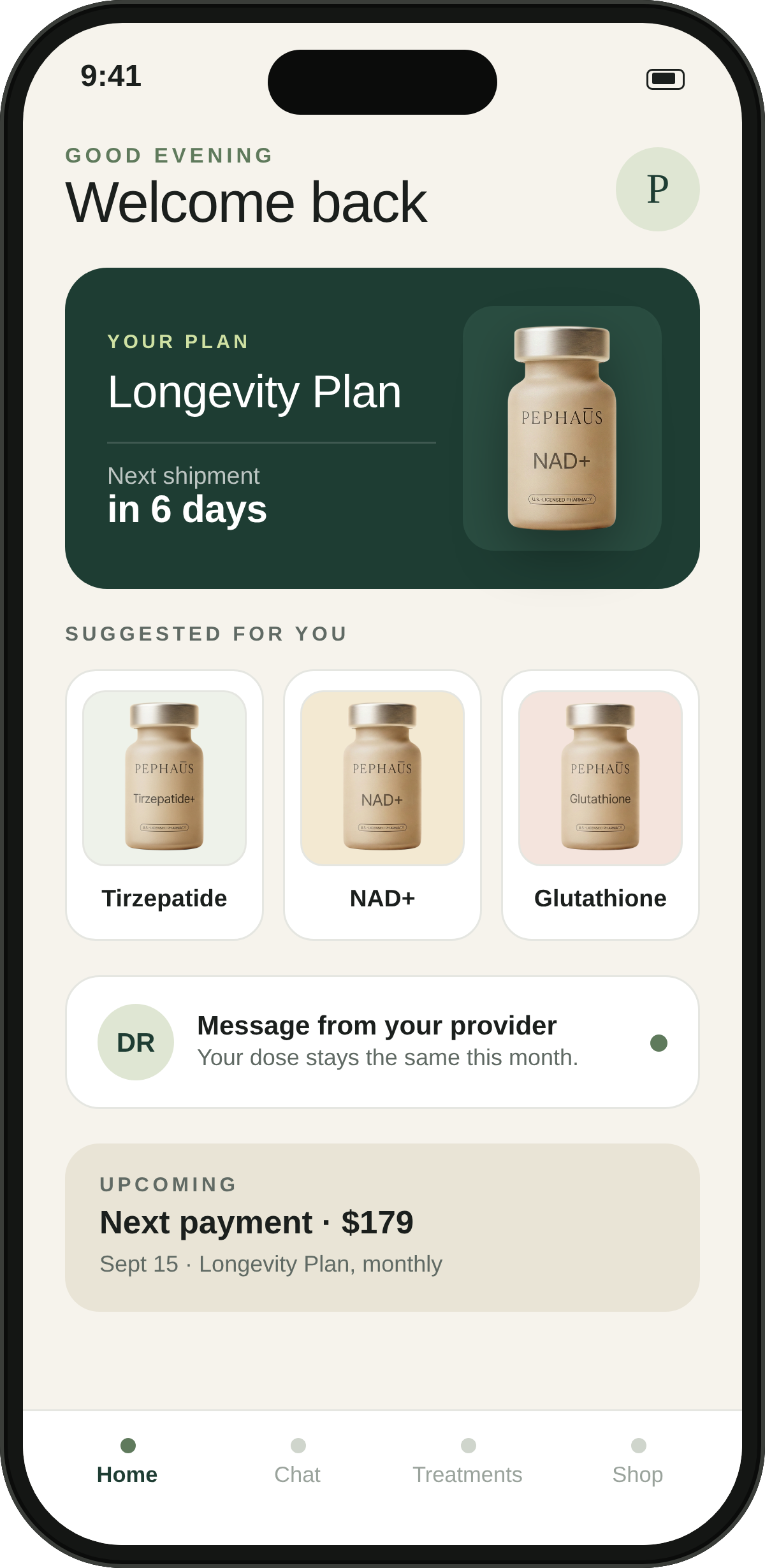 PepHaus patient portal on a phone