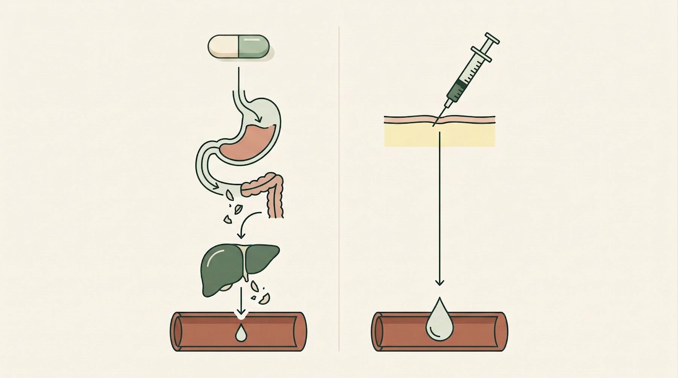 Diagram: a tablet breaking down through the stomach, gut and liver with one droplet left, versus a shot through the skin delivering a full droplet