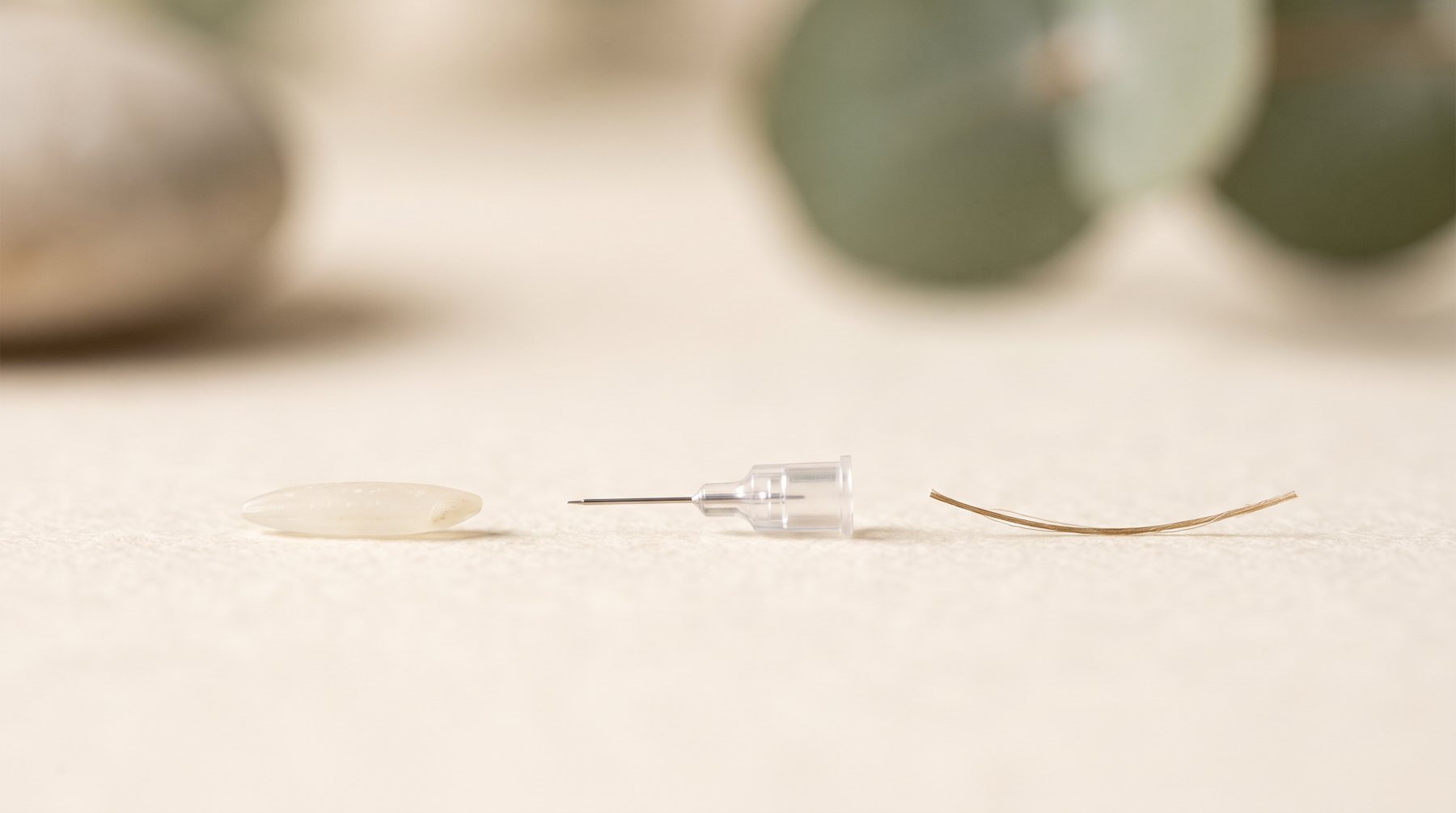 A grain of rice, a short fine insulin needle, and a strand of hair side by side