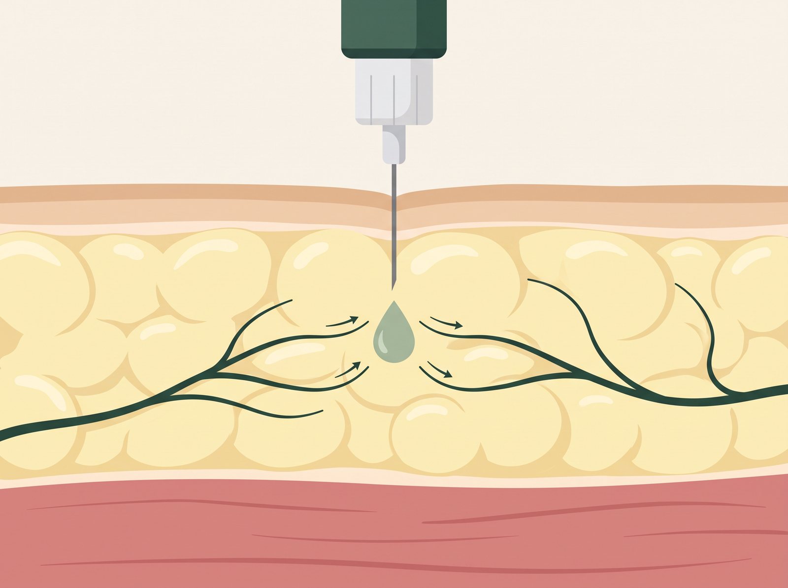Diagram of skin, fat layer, and blood vessels with a short needle stopping in the fat layer