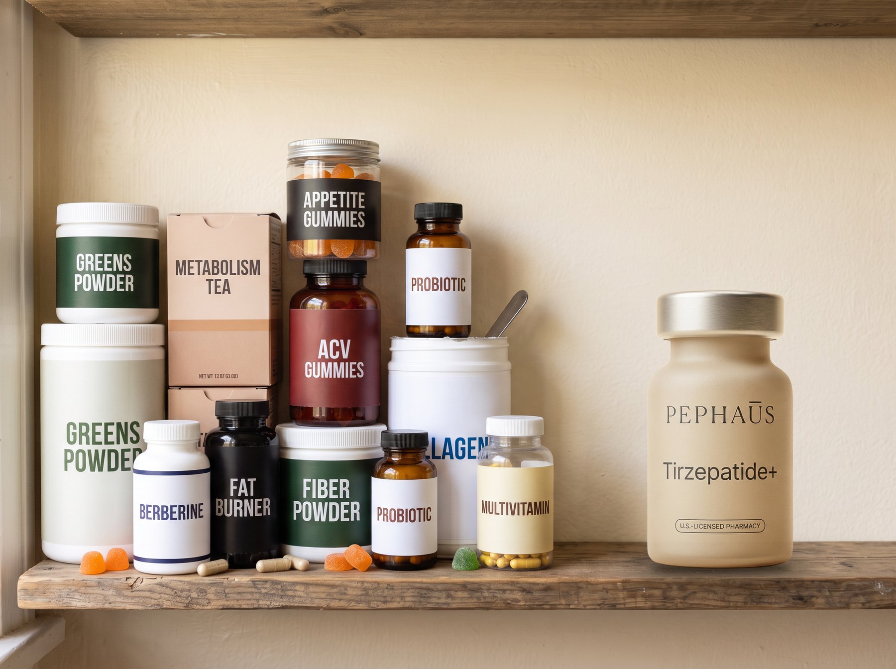 A cluttered shelf of supplements on the left and a single PepHaus vial on the right of the same shelf